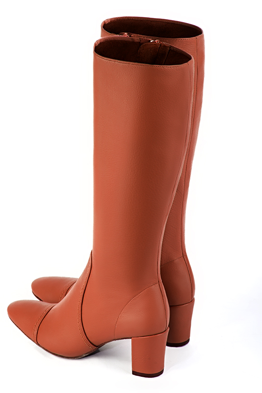 Terracotta orange women's feminine knee-high boots. Round toe. Medium block heels. Made to measure. Rear view - Florence KOOIJMAN